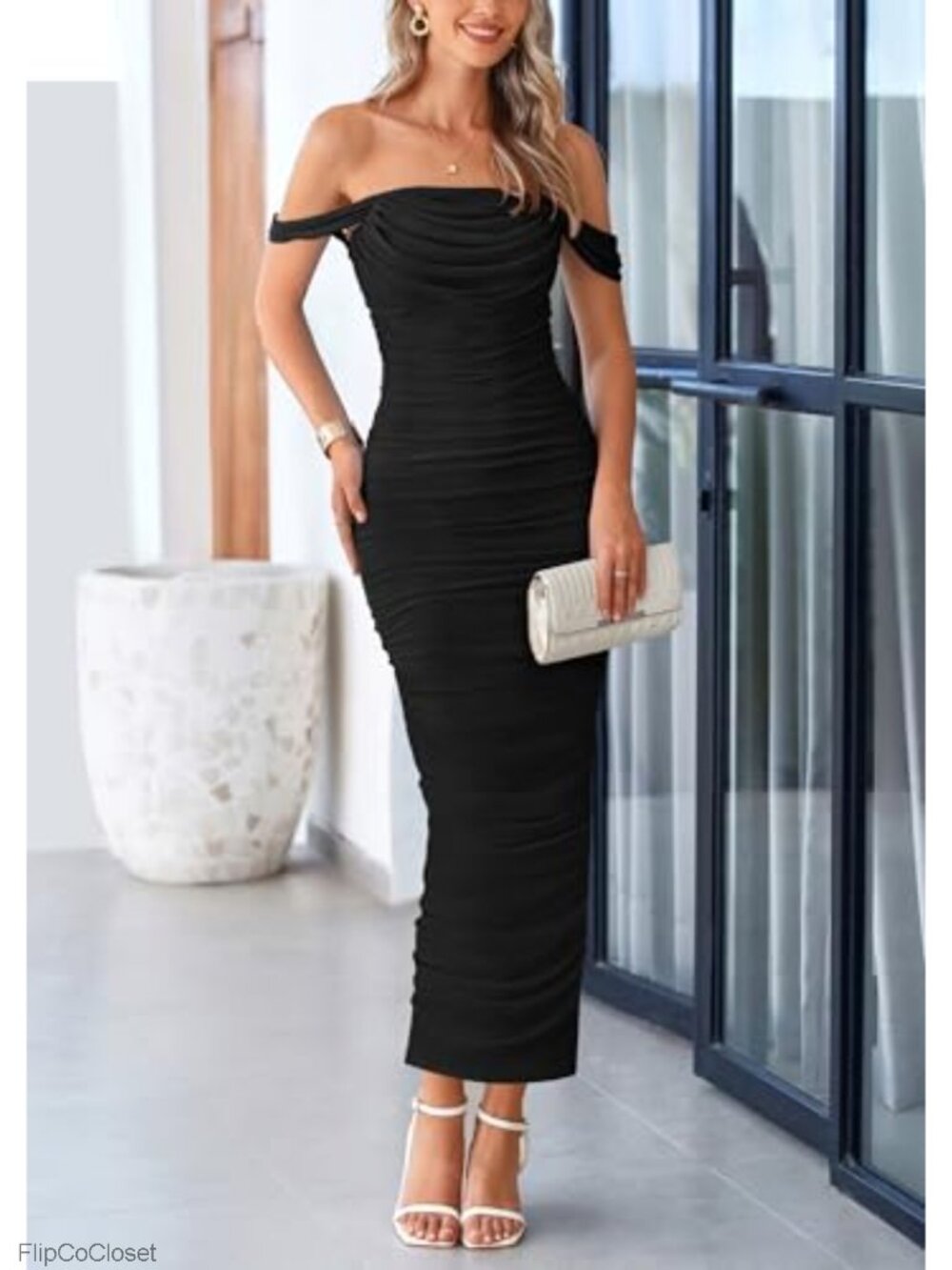 Off Shoulder Ruched Bodycon Maxi Dress Mesh - Picture 3 of 6